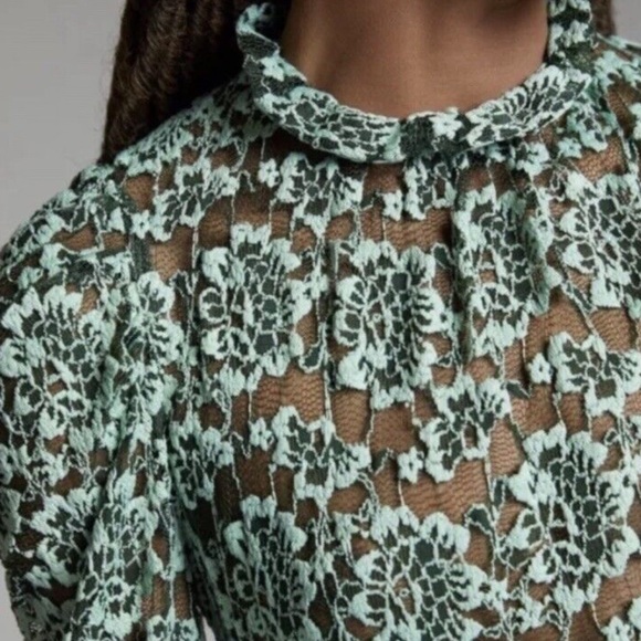 Anthropologie Dolan Green Lace Long Sleeve Ruffle Collar Puff SleeveTop Sz Small - Picture 3 of 12